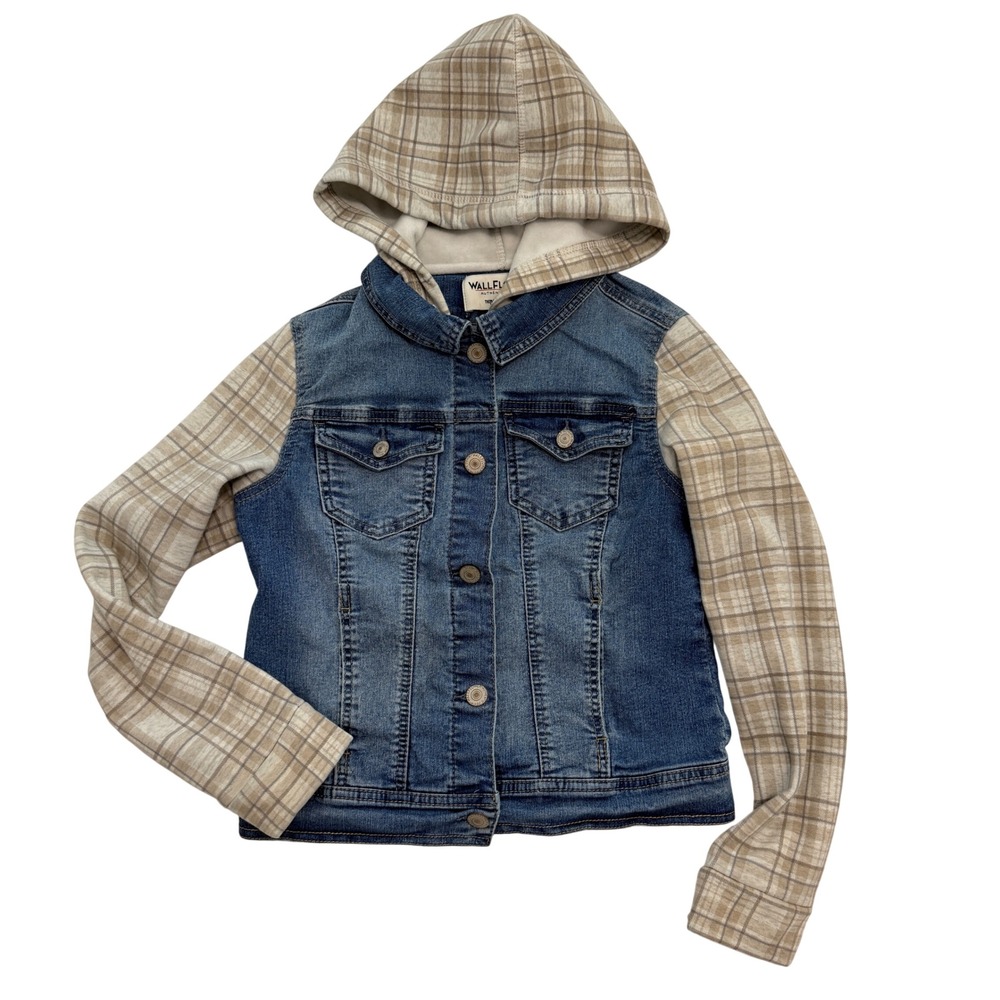 Wallflower Denim Jacket Women M Blue Plaid Hooded Mixed Media The Dreamer Fit